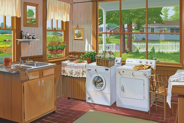 pintura de una cocina con una lavadora y secadora en ella generativa ai