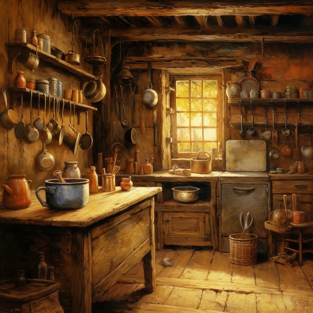 Una pintura de una cocina con ollas y sartenes en la pared.