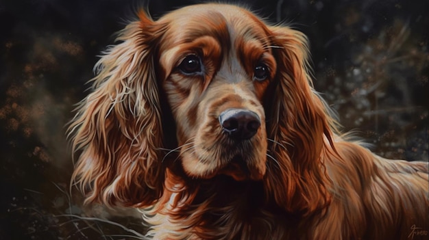 Una pintura de un cocker spaniel con un fondo negro.