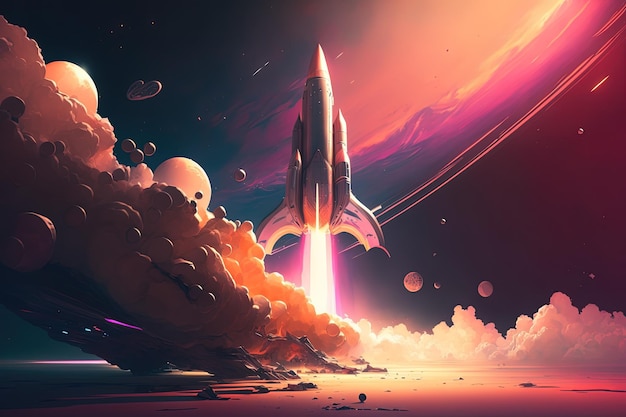 Una pintura de un cohete despegando de un planeta ai generativo.