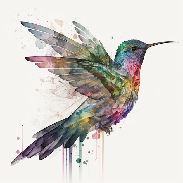 Una pintura de un colibrí con alas de colores.
