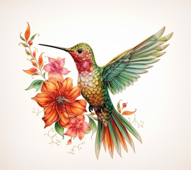 Foto una pintura de un colibrí con una flor en ella