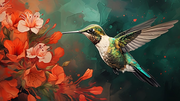 Una pintura de un colibrí y flores en un verde