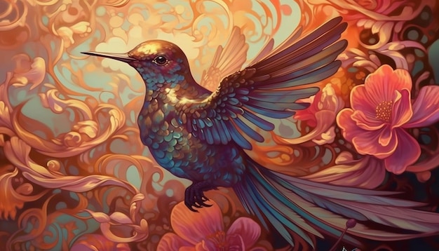 Pintura de un colibrí volando en el aire con flores en el fondo