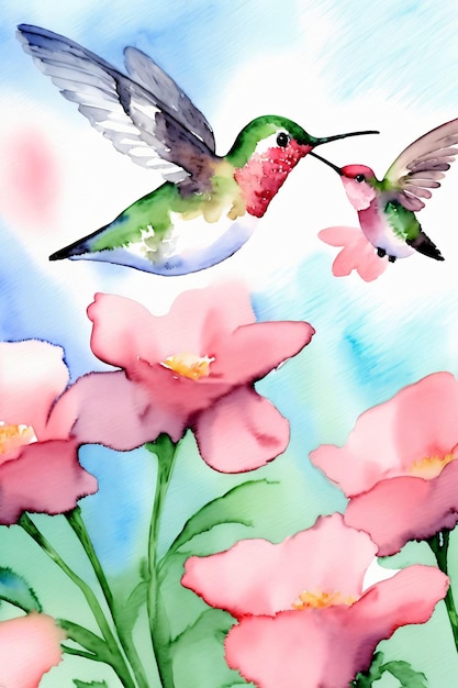 Una pintura de un colibrí volando sobre flores rosas