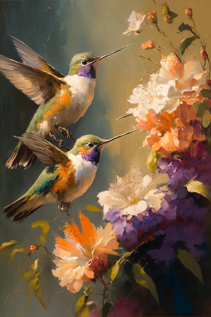 Una pintura de colibríes en un puesto de flores.