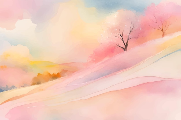 Una pintura de una colina rosa con un árbol en primer plano.
