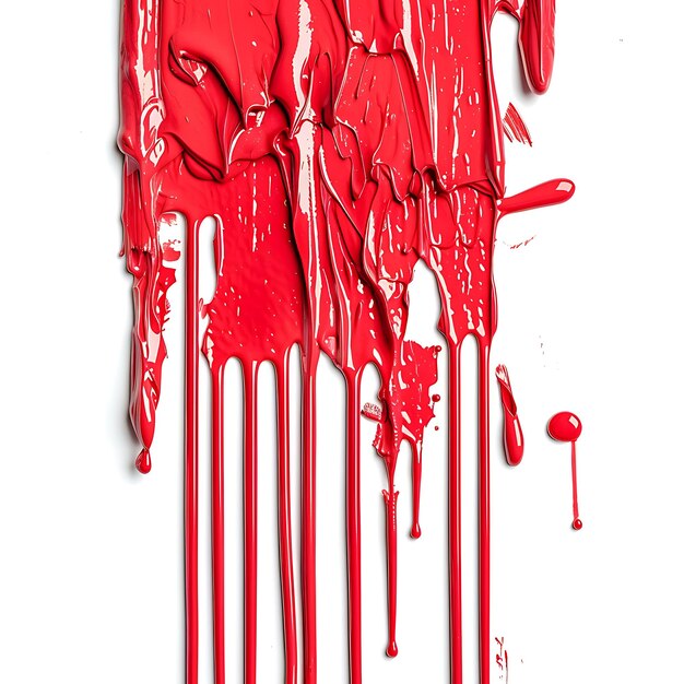 Pintura de color rojo goteando aislado sobre fondo blanco.