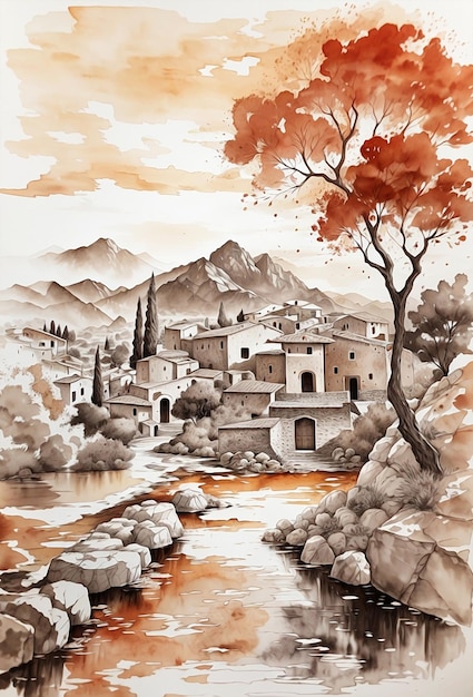 pintura de color de tinta de un pueblo en una ladera con montañas y plantas de río
