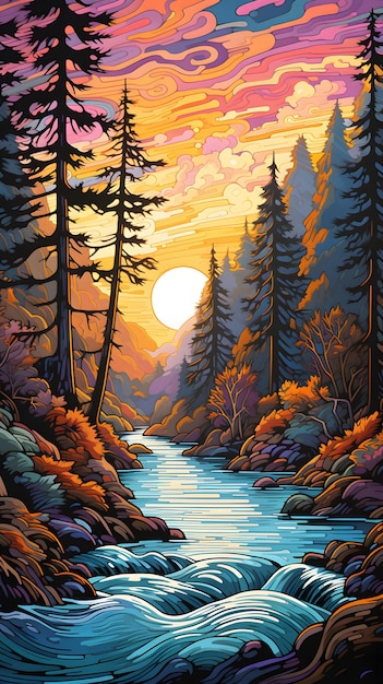 pintura coloreada de un río en un bosque