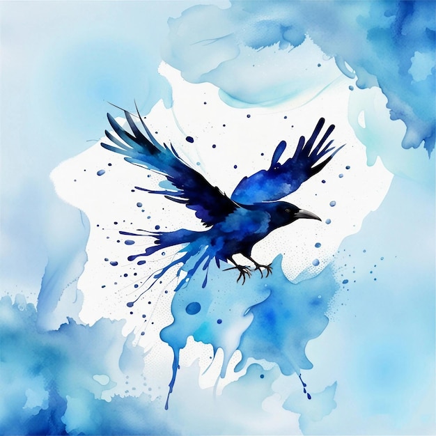Una pintura de colores de agua de un pájaro volando en el cielo con las palabras pájaro en él