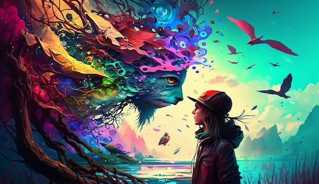 Foto pintura de colores brillantes de una mujer mirando a un pájaro colorido generativo ai