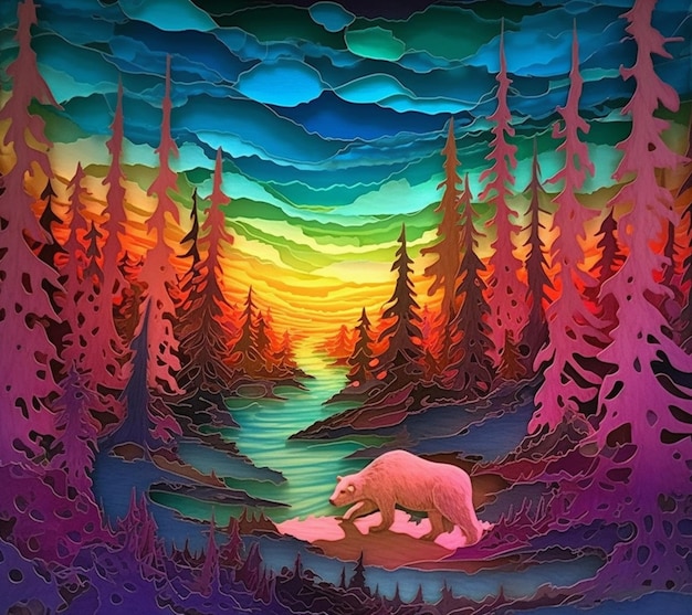 Pintura de colores brillantes de un oso polar caminando en un bosque generativo ai