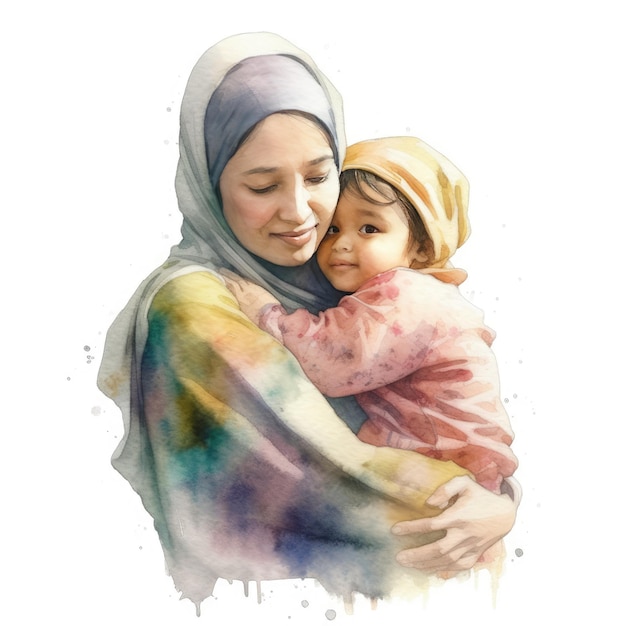 Pintura colorida en acuarela de una madre con su hijo