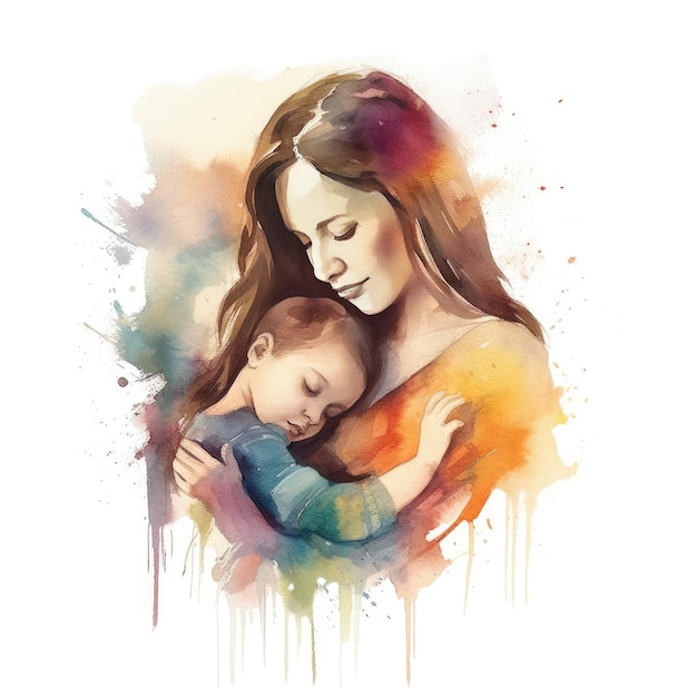 Pintura colorida en acuarela de una madre con su hijo