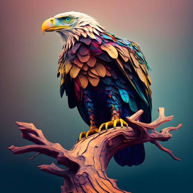 Una pintura colorida de un águila calva con una cara azul y amarilla.