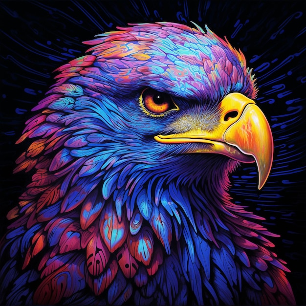 Una pintura colorida de un águila calva con un ojo amarillo.