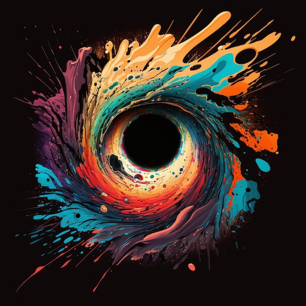 Una pintura colorida de un agujero negro con un agujero negro en el medio.