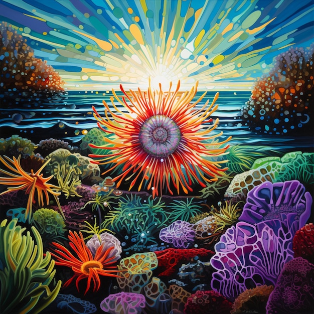 pintura de una colorida anémona de mar con un brillante estallido de sol generativo ai