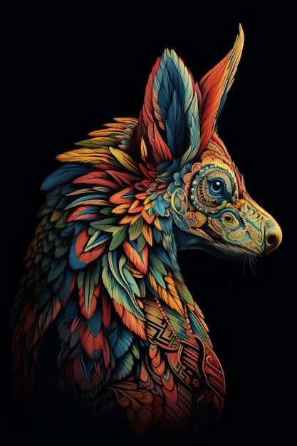 Una pintura colorida de un animal mexicano con un fondo negro.