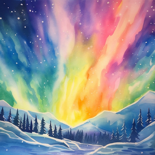 Pintura de una colorida aurora bore con árboles y nieve generativa ai