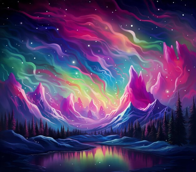 Foto pintura de una colorida aurora bore con un lago y árboles generativo ai