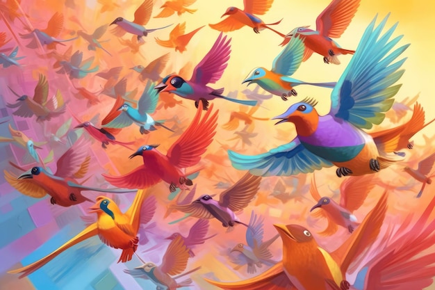 Una pintura colorida de una bandada de pájaros volando en el cielo.