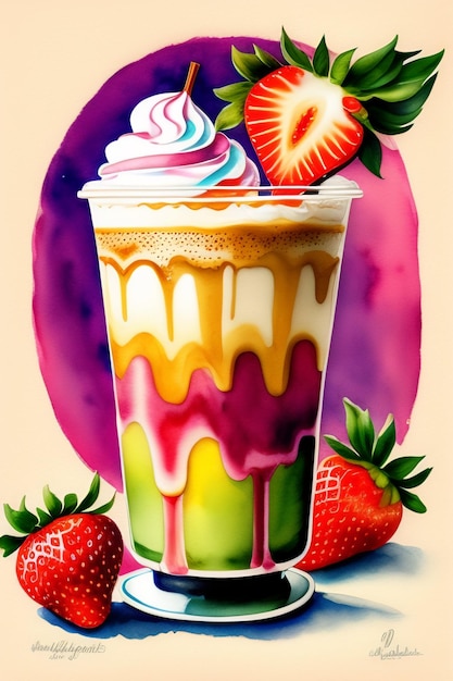 Una pintura colorida de un batido de fresa con un líquido de color arco iris en la parte superior.