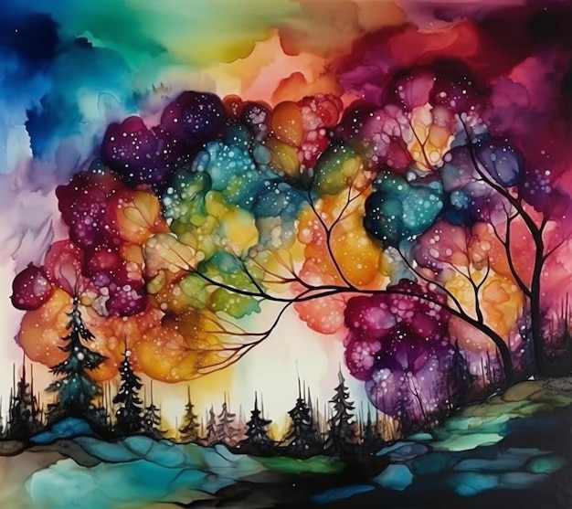 Una pintura colorida de un bosque con un árbol colorido y las palabras "la palabra" en él "