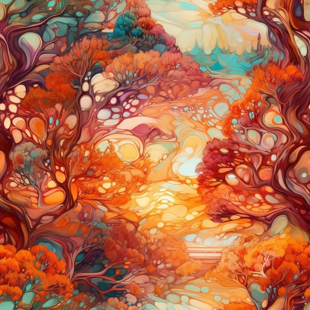 Una pintura colorida de un bosque con árboles y las palabras "bosque" en él.
