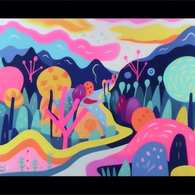 Una pintura colorida de un bosque con una montaña al fondo.