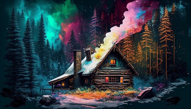 Foto una pintura colorida de una cabaña de troncos en el bosque con el cielo de fondo.