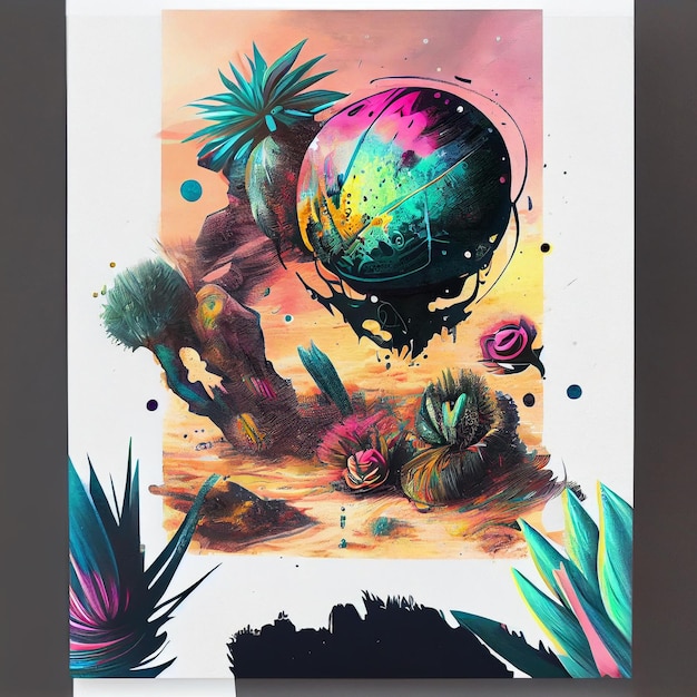 Una pintura colorida de un cactus con un cactus en el fondo.