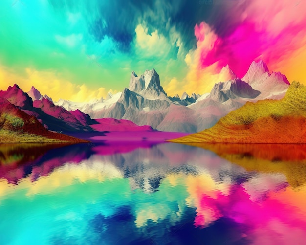 Una pintura colorida de una cadena montañosa con un arco iris en la parte superior.