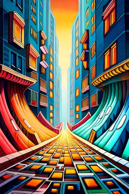 Una pintura colorida de una calle con una calle al fondo.