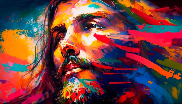 Una pintura colorida de la cara de un hombre con la palabra jesús en ella.