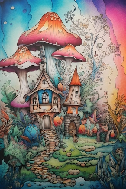 Una pintura colorida de una casa de hongos con una casa de hongos en la parte inferior.