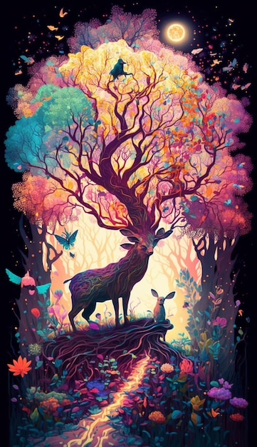 Una pintura colorida de un ciervo y un árbol con un pájaro en él