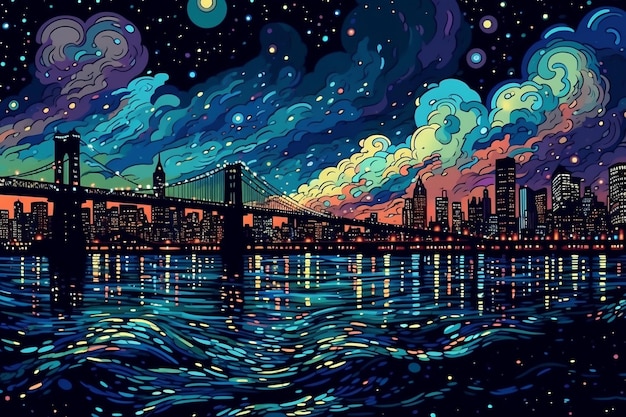 Una pintura colorida de una ciudad con un puente al fondo.
