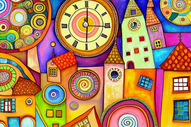 Una pintura colorida de una ciudad con un reloj.