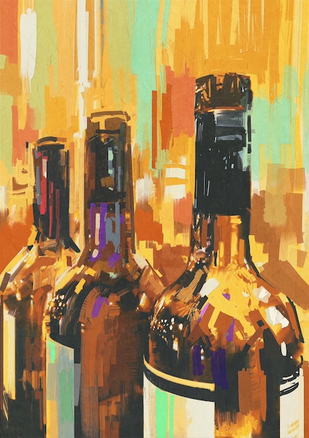 pintura colorida com garrafa de vinho, ilustração