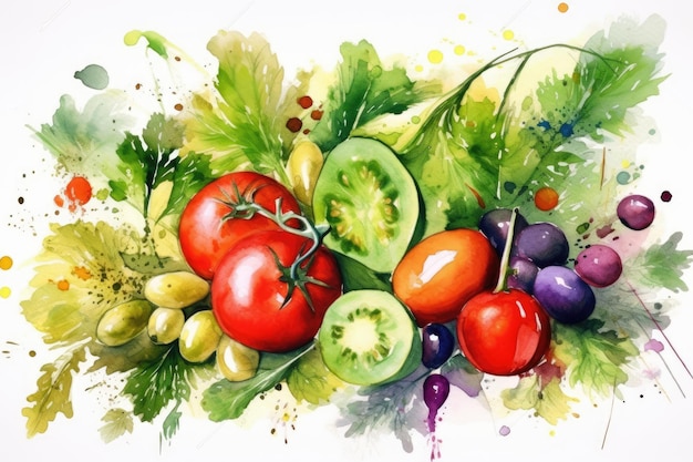 Pintura colorida com vários vegetais, incluindo tomates e pepinos IA generativa