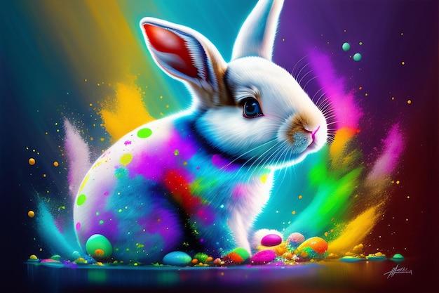 Una pintura colorida de un conejo con pintura colorida en la cara.