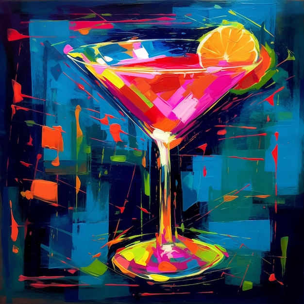 Una pintura colorida de una copa de martini con un limón en el borde.