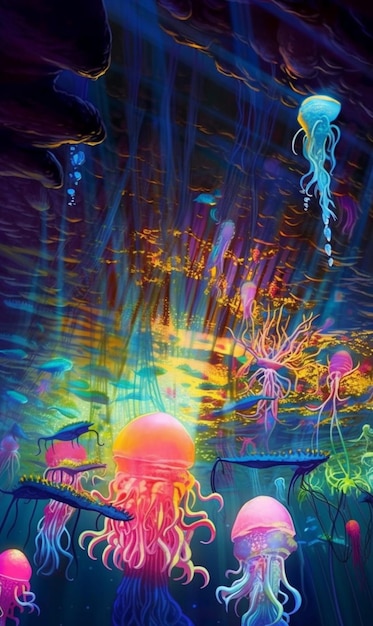 Una pintura colorida de una criatura marina con una gran cantidad de medusas.