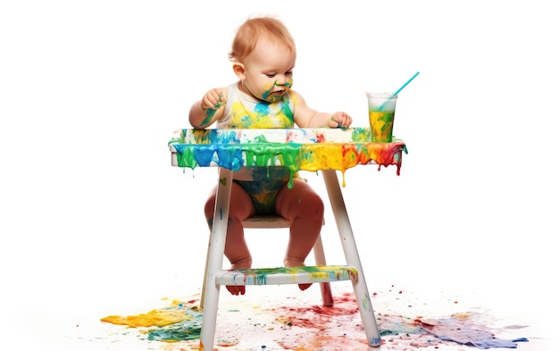 Foto pintura colorida de dedo de bebê bagunçado em uma mesa alta isolada em fundo branco