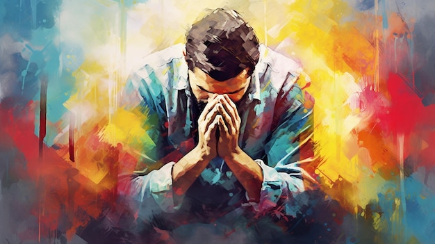 Pintura colorida de um homem orando