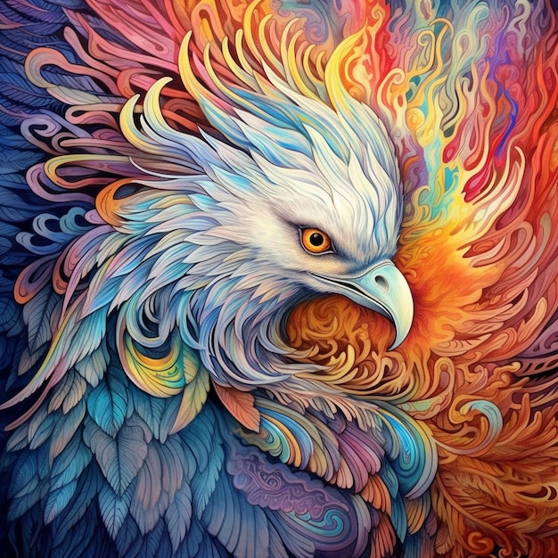 Pintura colorida de um pássaro místico de fantasia