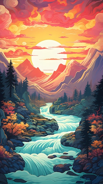 pintura colorida de um rio em uma floresta