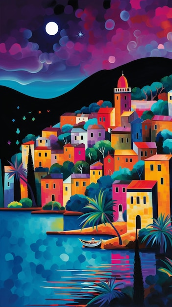 pintura colorida de uma cidade perto da água à noite, IA generativa